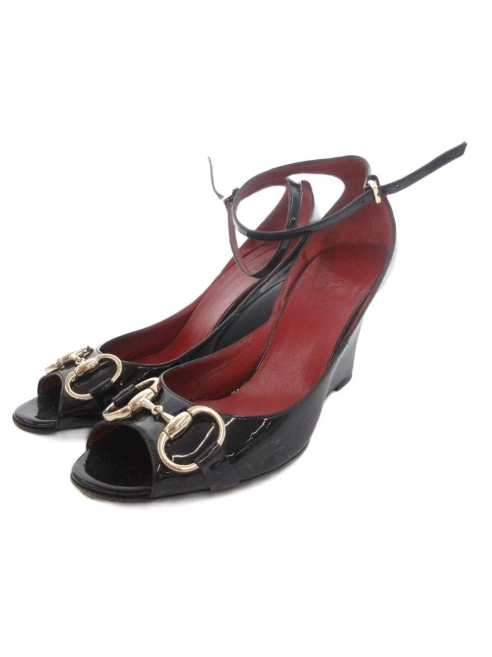 Gucci Pumps Horsebit Open Toe Wedge Sole Enamel Strap 36 Black Heel
